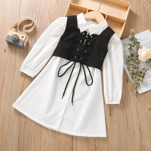 

clothing sets 2pcs kids girls spring fashion outfit, solid color long sleeves turn-down collar shirt dress + tied cross straps waistcoat, White