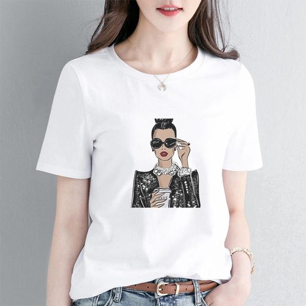 

women's t-shirt women o-neck patchwork short-sleeve casual female minimalist cotton t-shirts stylish drinking glasses print lady, White