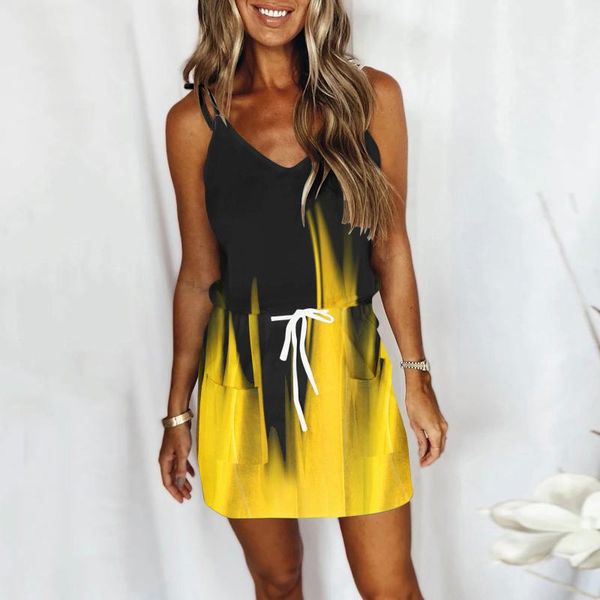 

casual dresses women summer dress v-neck sleeveless spaghetti strap backless gradient patchwork print lace up bohemian #35, Black;gray