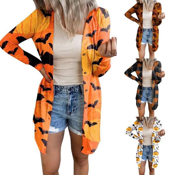 

women's t-shirt thin sweater pumpkin bat print autumn cardigan halloween printed jacket women long-sleeved high street v-neck, White