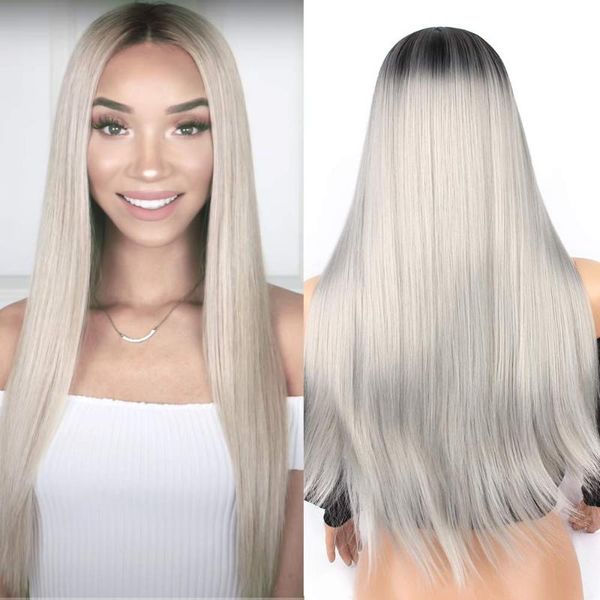 

synthetic wigs ombre gray long straight wig colored middle parting heat resistant fiber for women cosplay halloween party daily, Black