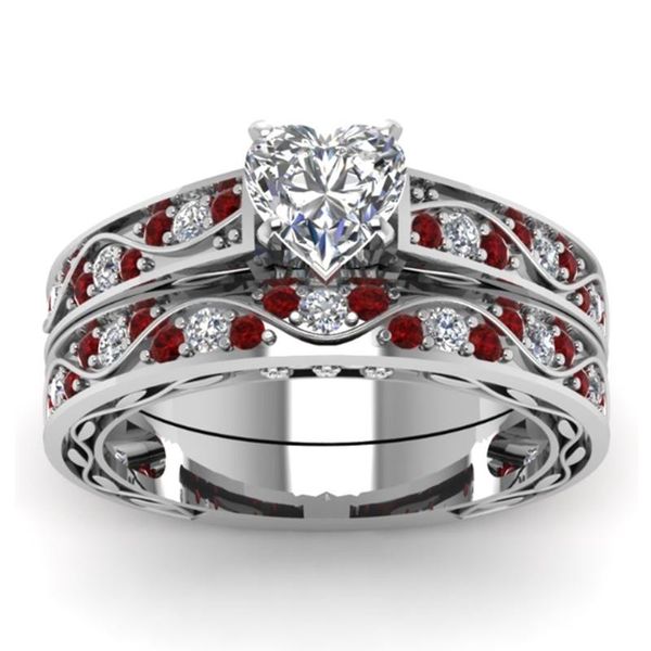 

wedding rings carofeez cute heart set for women fashion white/red rhinestones zircon band jewelry accessories girl gift, Slivery;golden