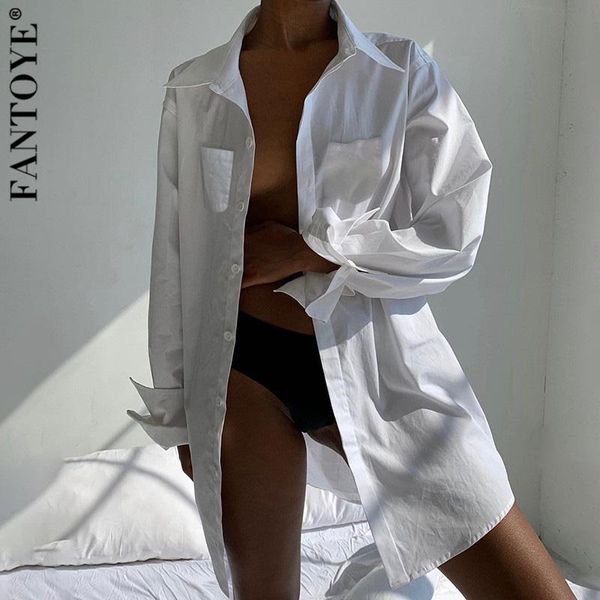 

women's blouses & shirts fantoye white casual loose for women autumn long sleeve button turndown collar oversided streetwear 2021