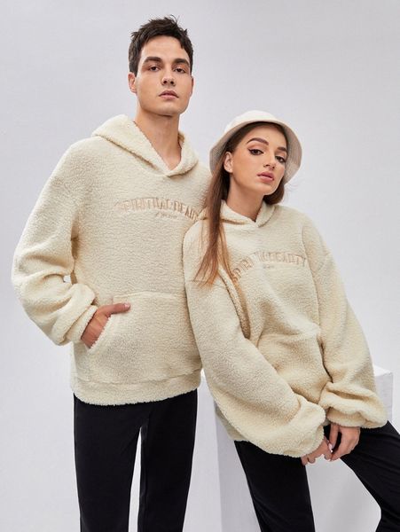 

1pc drop shoulder kangaroo pocket letter pattern teddy hoodie x8vz#, Black