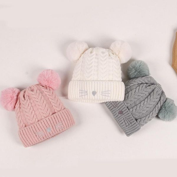 

caps & hats cartoon big double pompom baby hat winter thicken warm kids infant beanies solid color born boy girl bonnet, Yellow