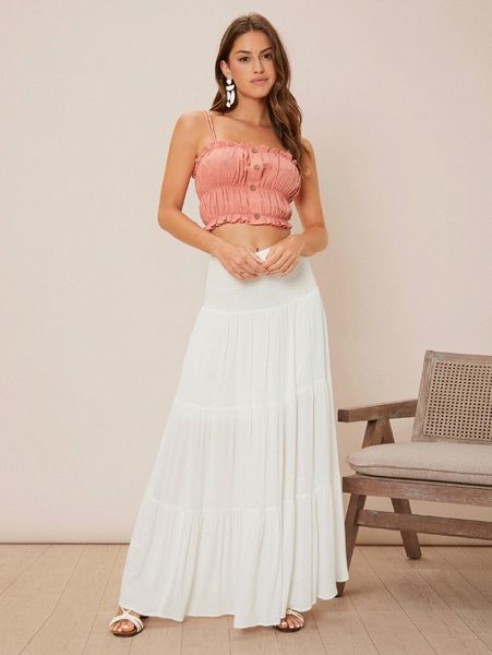 

frill hem ruched button front cami c4fk#, White
