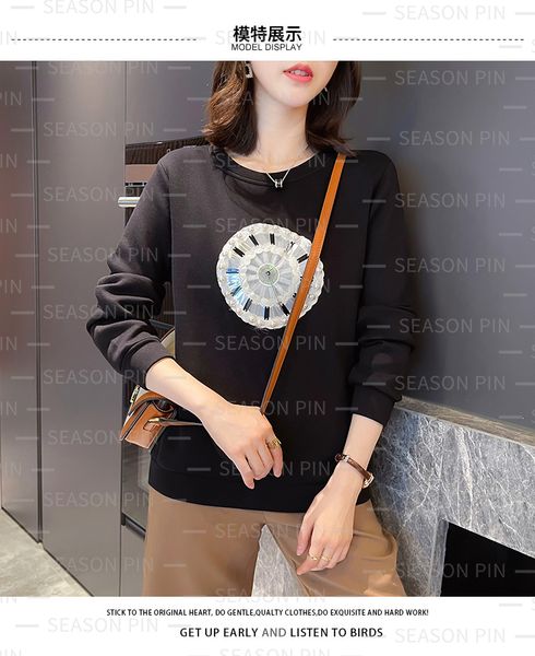 

women's hoodies street cute flower embroidery round neck sweater autumn and winter all-match loose sports pullover trend 8114, Black