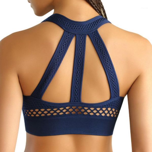 

females hollow back net yarn splicing solid yoga bra wide strap exercises gym fitness breathable running sports underwear outfit
