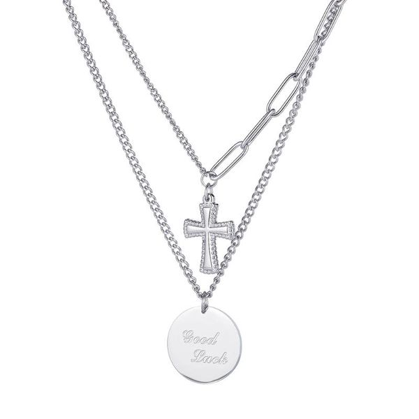 

chokers firebros silver color stainless steel smile lucky tag cross pendant layered chain necklace women kpop street choker jewelry gift, Golden;silver