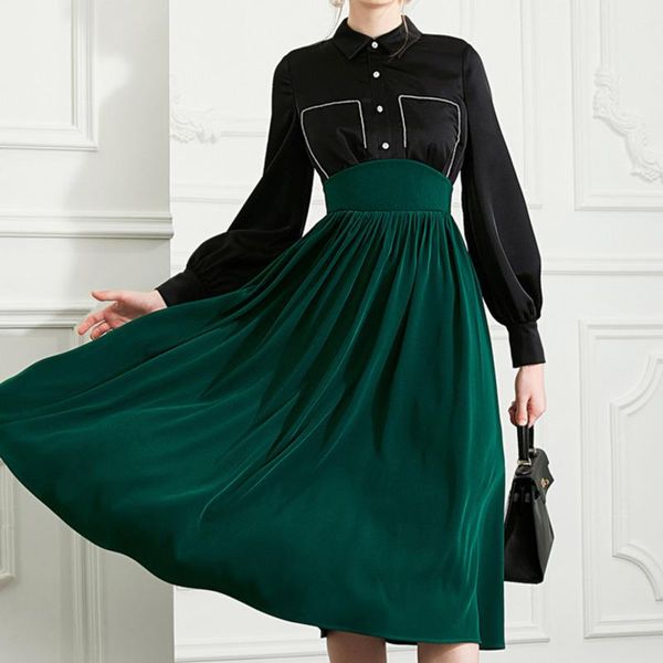 

casual dresses ] 2021 autumn female fashion slim turn down collar solid color long sleeve minimalist pleated hem a-line dress c700, Black;gray