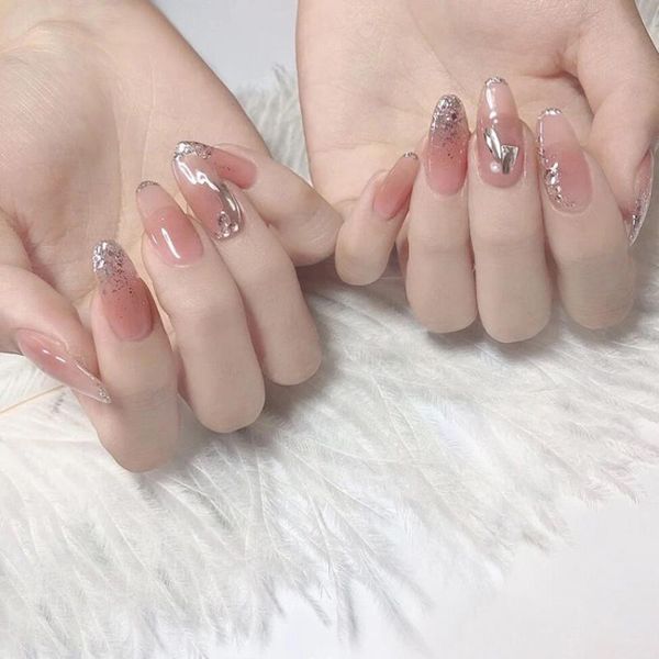 

false nails decorated glittering long removable nail stickers wearing art patterns 24pcs with glue for girls, Red;gold