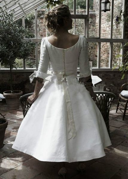 

vintage 2021 new tea-length 1920s' wedding es half sleeve plus size sash belt country garden short bridal gown vestidos de mariee 914v, White