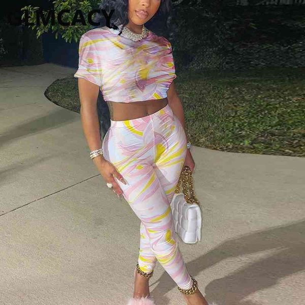 

two piece ombre color suits short sleeve crop & slim pants set 210702, White