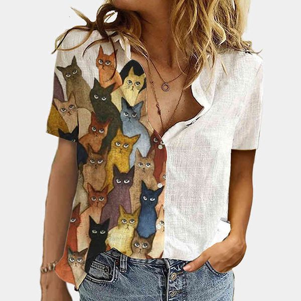 

women's blouses & shirts summer casual short sleeve ladies button blouse women elegant turn-down collar patchwork shirt stree, White
