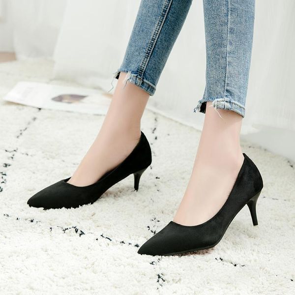 

dress shoes plus size 34-42 women high heels pointed toe pumps faux suede woman thin heeled boat zapatos mujer 61l18, Black
