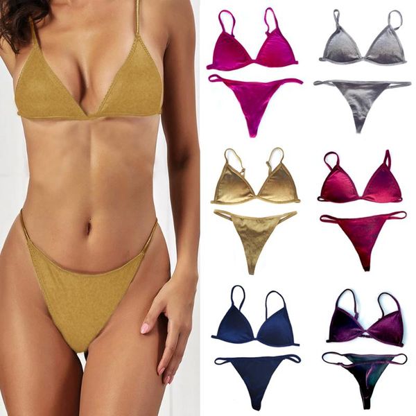 

women's swimwear women bikinis set velvet 2021 push up padded low waisted solid swimsuit summer brazilian beach wear swimming suit, White;black