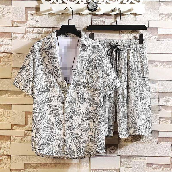 

mens casual streetwear 2021 summer men's hawaiian shirts +beach shorts 2 pcs set floral loose short sleeve holiday suits male y, Gray