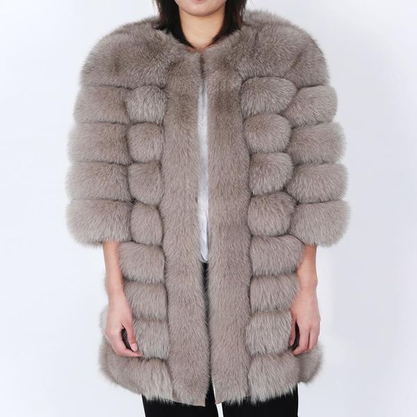 

women's fur & faux winter jacket women natural outerwear streetwear three quarter sleeve thick warm fashion 2021 long real coat, Black