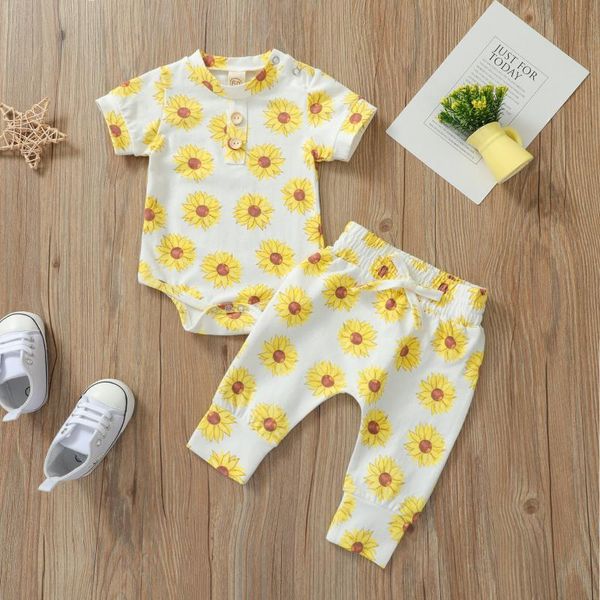 

clothing sets born baby girls clothes set sunflower print short sleeve romper + long pants casual 2021 summer infant outfits, White
