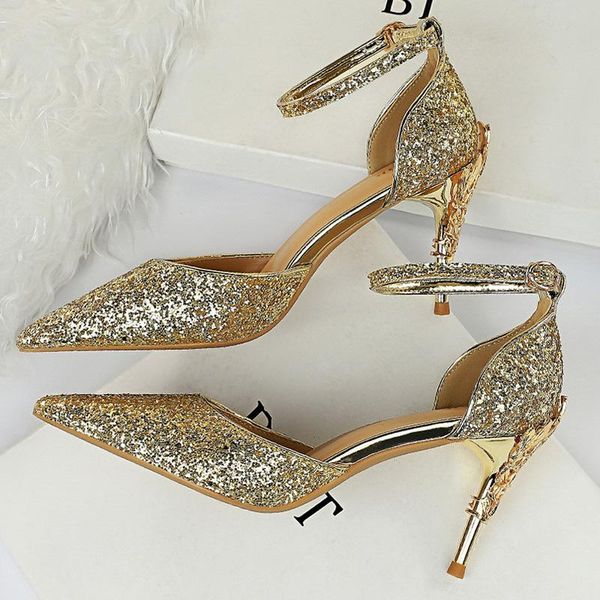 

2021 women 7.5cm 9.5cm high heels sparkle sandals wedding bridal low heels sandles stiletto glitter prom elegant stripper pumps, Black