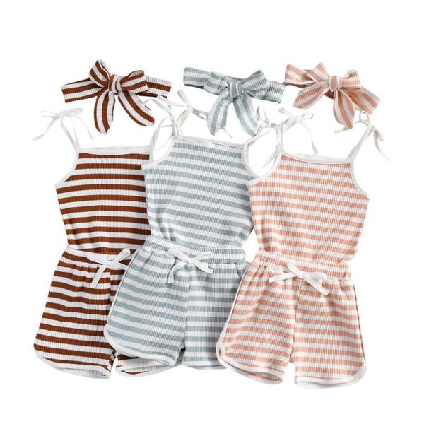 

clothing sets baby suit 2021 children sleeveless short pants bodysuit stripe printing two-pieces set bow headdress clothes outfits, White