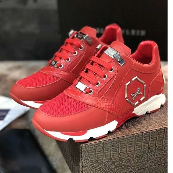 

dio 20201men's high-end pi@hilp pi@ie leather casual fashion low to help wild men's sports mjh001, Red;white