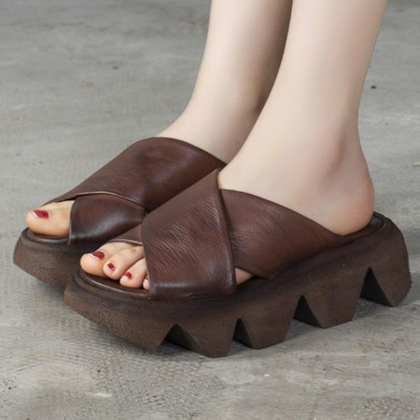 

slippers summer women genuine leather platform strange heels peep toe retro casual outdoor female ladies shoes zapatos de mujer, Black