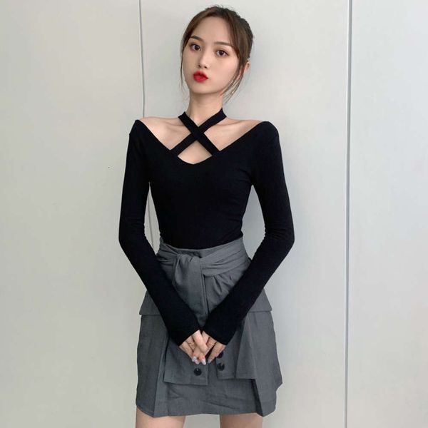 

short v-neck cross sling neck black long sleeve tight t-shirt women's big neckline exposed collarbone bottom coat, White