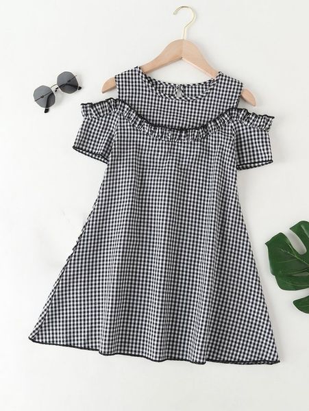 

girls gingham cold shoulder ruffle trim dress she, Red;yellow