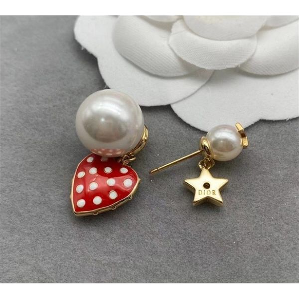 

d family 21 new peach heart strawberry earrings pearl back hanging dual-purpose earrings s925 silver needle, Golden
