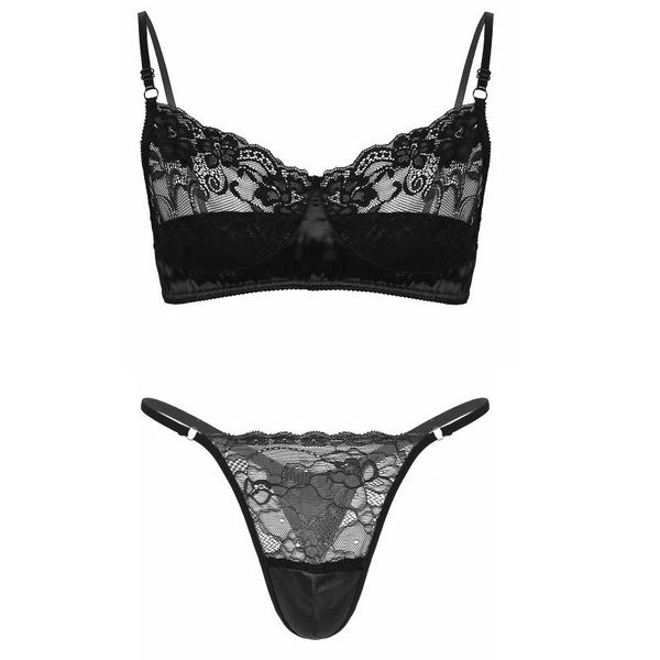 

bras sets gay men sissy underwear floral lace lingerie suit nightwear spaghetti straps wireless bra with thong exotic apparel, Red;black