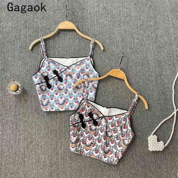 

women camis summer chinese style button short cartoon print sleeveless camisole fashion chic vintage wild crop 210531, White