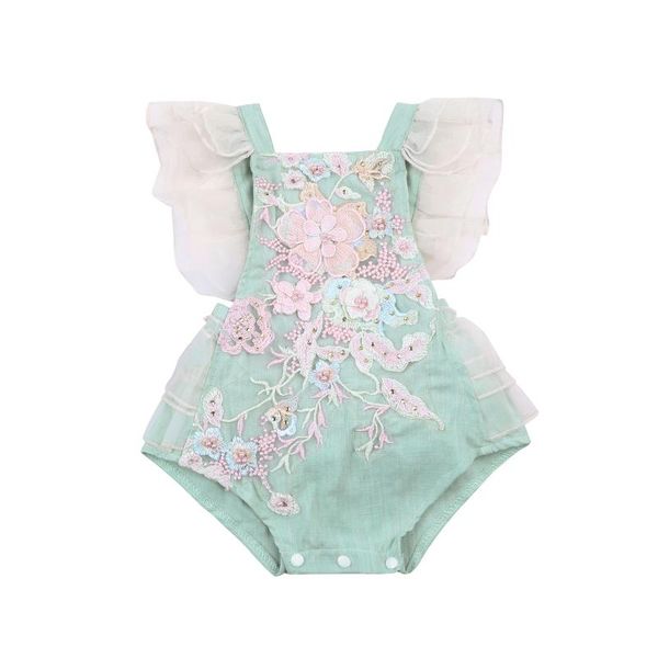 

baby girls casual romper light blue sleeveless square collar floral embroidery pattern one-piece