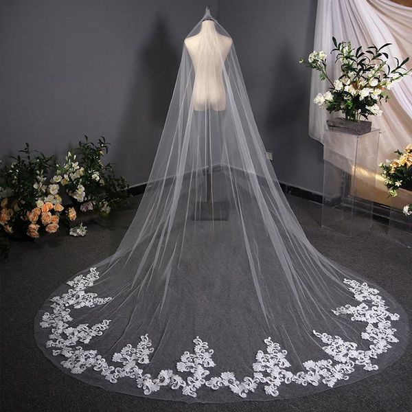 

bridal veils voile mariage 3 meters ivory cathedral wedding veil white one layer with comb lace edge velo de novia, Black
