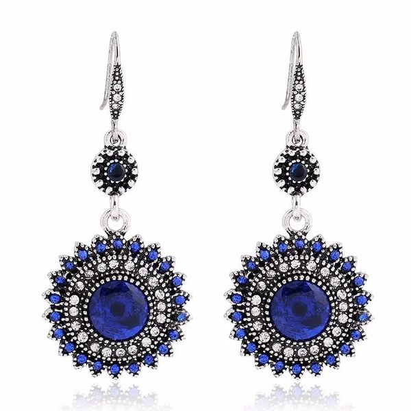 

bohemian retro ear drop pendant turquoise rhinestone earrings gift for women - blue small daisy sun flower pattern, Silver