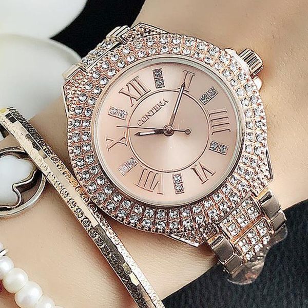 

wristwatches 2021 ladies crystal watch women dress rhinestone rose gold quartz watches female stainless steel, Slivery;brown