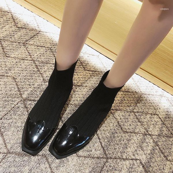 

boots drop spring and autumn knitting women socks female ankle rubber flat shoes slip-on square toe11, Black