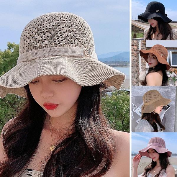 

wide brim hats spring and summer ladies eaves outdoor sunshade sunscreen breathable knitted fisherman hat travel basin, Blue;gray