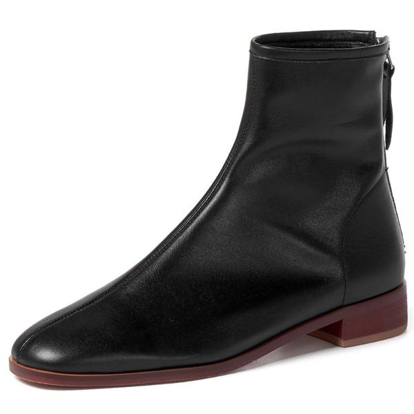 

boots women's genuine leather back zip flats ankle soft comfortable autumn short booties casual punk shoes women, Black