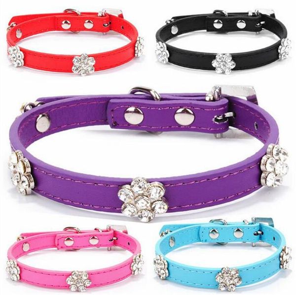 

bling rhinestone flower studded cat dog collars pu leather for puppy dogs