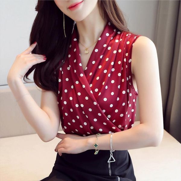 

korean silk wonen sleeveless women shirt satin summer v neck ploka dot blusas mujer de moda, White