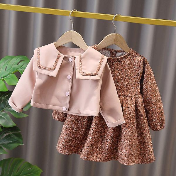 

girl's dresses baby autumn suit 2021 girl floral dress leather jacket two-piece, Red;yellow