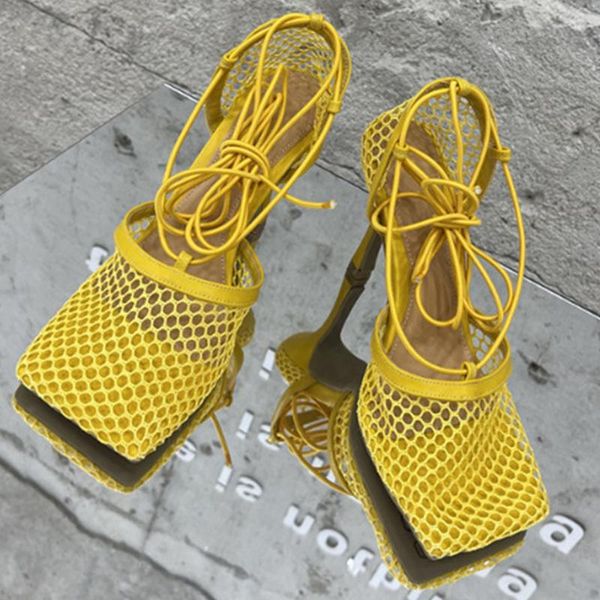 

dress shoes 2021 yellow mesh pumps sandals female square toe high heel lace up cross-tied stiletto hollow, Black