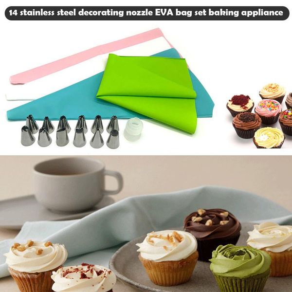 

14pcs diy cake decorating tips sets silicone icing piping cream pastry bag + 12 stainless steel nozzle home kitchen baking tools