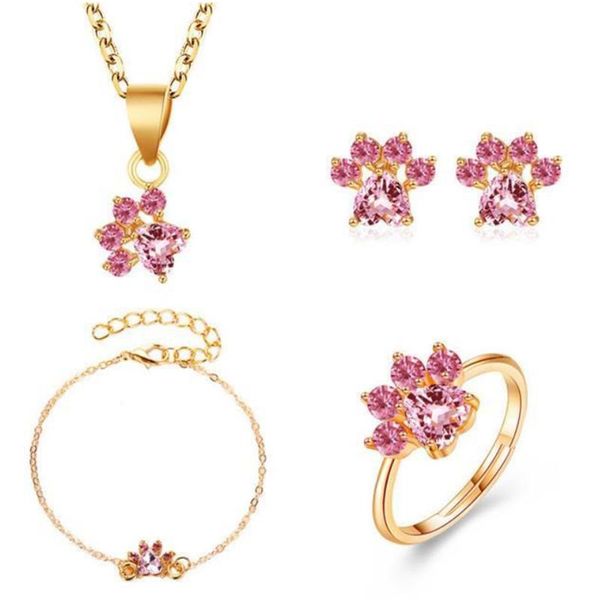 

earrings & necklace cute cat bracelet fashion pendant footprint adjustable ring zircon wedding gilrs fascination jewelry set, Silver