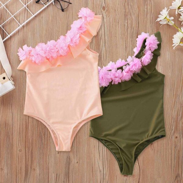 

one-pieces 2021 fashion toddler baby girls kids swimsuit sloping shoulder solid one-piece beach swimwear bathing suit, Black