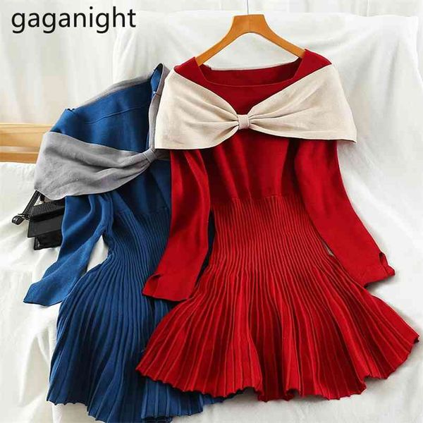 

fashion women knitted bodycon party dress autumn winter elegant lady bow sweet dresses stretchy pleated vestidos 210601, Black;gray