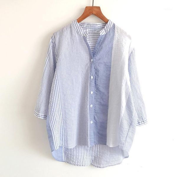 

women's blouses & shirts cotton linen 100% striped women sumemr vintage 2021 v-neck half sleeved loose casual female outwear coats, White