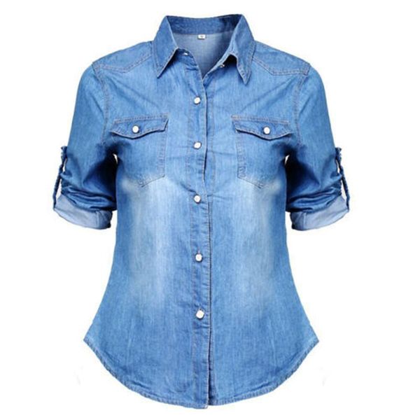

women's jackets retro long sleeve jeans jacket women casual v-neck no hooded solid light blue and deep jean soft denim shirt, Black;brown