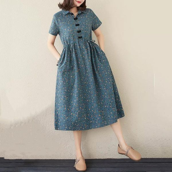 

party dresses short sleeve cotton linen floral pattern vintage for women casual loose long summer dress elegant female clothes 2021, White;black